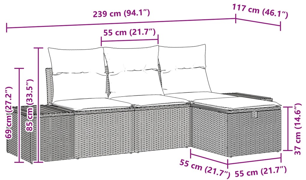 Conjunto de Sofá de Jardim de 4 peças com Almofadas Preto Rattan Plást