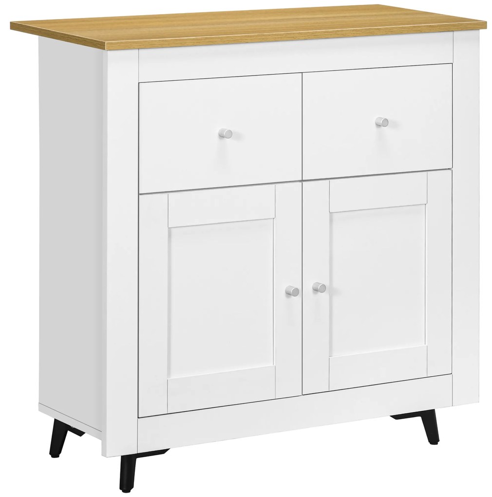 HOMCOM Aparador de Cozinha Móvel Auxiliar de Sala de Estar Moderno com Portas Dupla e 2 Gavetas 78x35x80 cm Branco e Madeira | Aosom Portugal