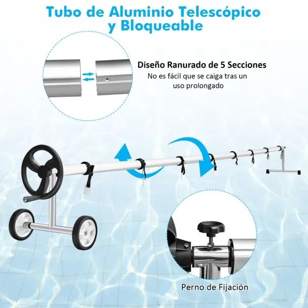 Carretel de cobertura piscina ajustável até 7 m com rodas de borracha para piscinas elevadas e enterradas
