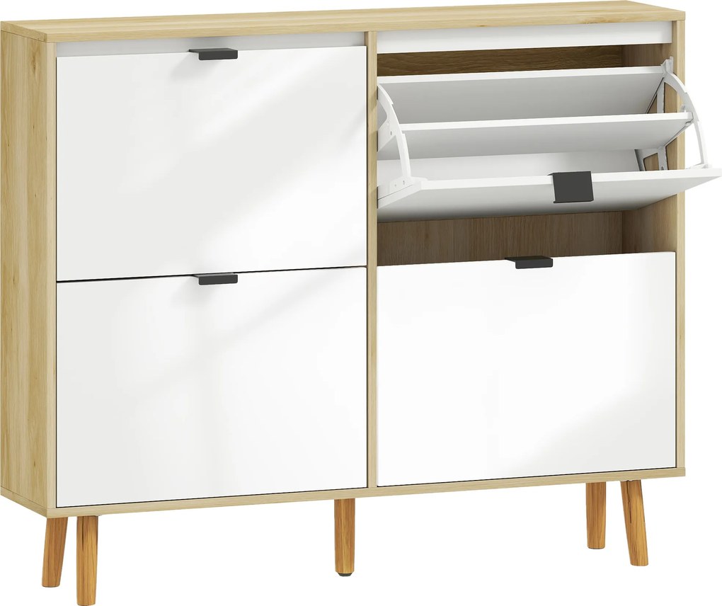 HOMCOM Sapateira Estreita com 4 Portas em Branco Brilho Prateleiras Ajustáveis Pernas de Madeira para 20 Pares de Sapatos 105x24x92,5 cm | Aosom Portugal