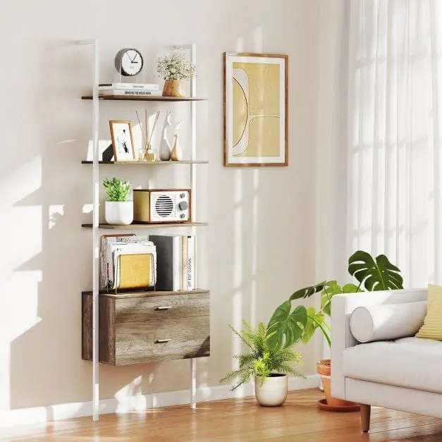 Estante de escada de 5 níveis com gaveta e estrutura de metal - marrom rústico