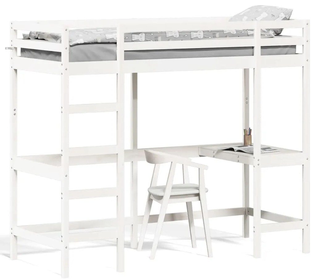 vidaXL Cama alta com secretária 80x200 cm pinho maciço branco