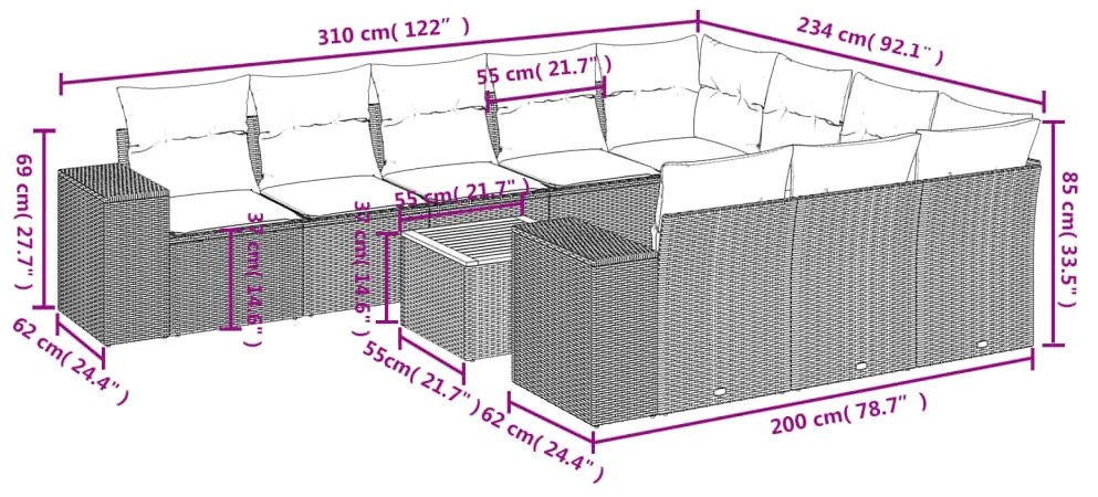 11 pcs conjunto sofás de jardim c/ almofadões vime PE bege