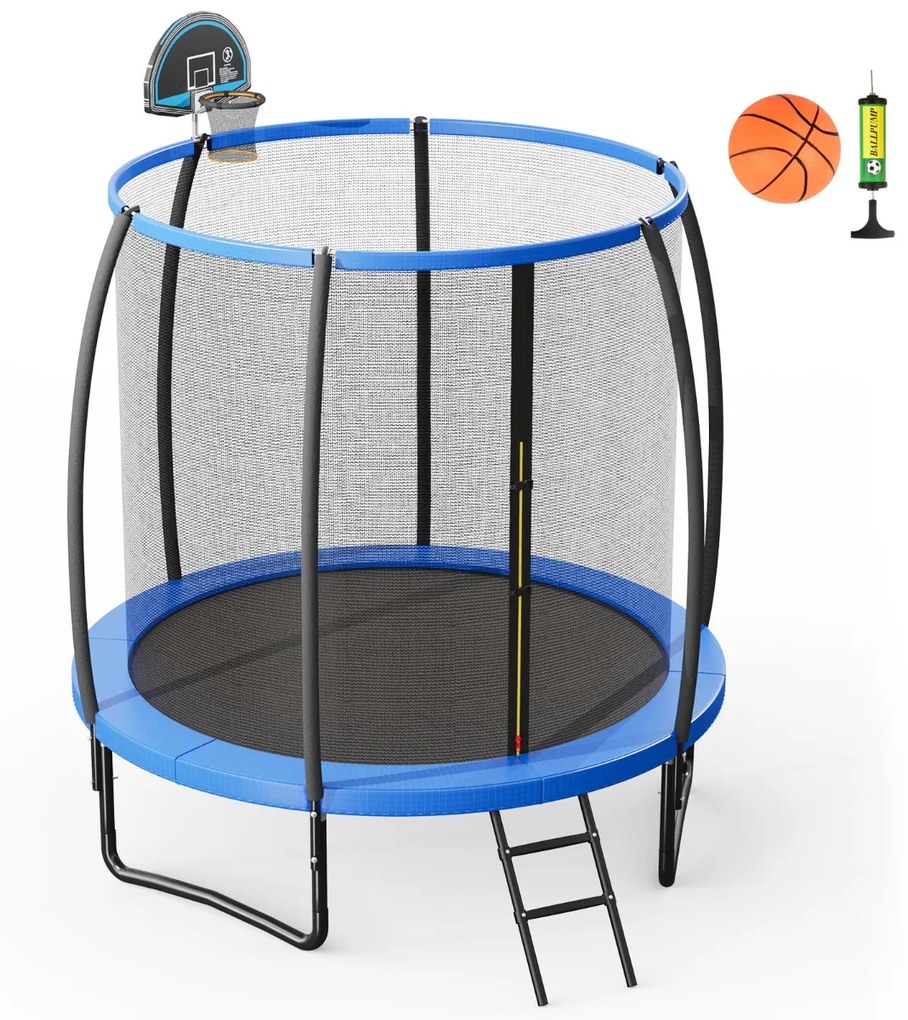 Trampolim ao ar livre 245 cm com cesto de basquetebol, almofada de segurança e escada para crianças e adultos azul e preto