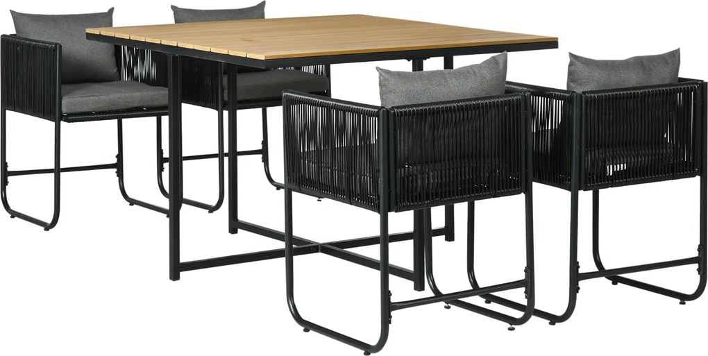Conjunto de Jardim de Vime Sintético 5 Peças com Mesa Quadrada e 4 Cadeiras Almofadas Preto e Madeira