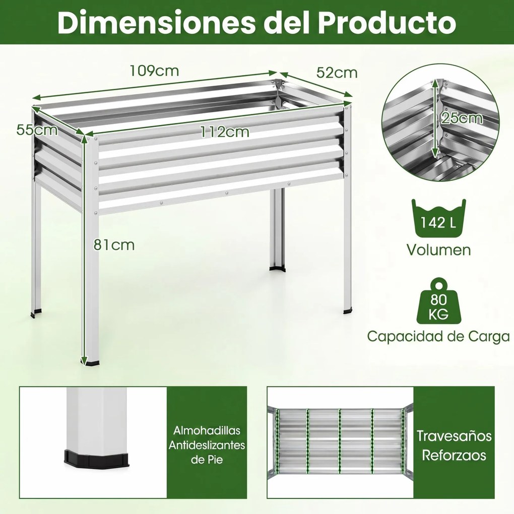 Floreira Elevada de Metal 112 x 55 x 81 cm com Revestimento Eletroforético e Drenagem para Legumes, Flores e Frutas - Prateada