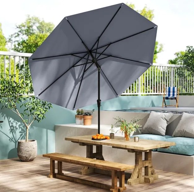 Guarda-sol jardim de 270 cm com 8 varas robustas, toldo ventilado resistente com inclinação por botão Cinzento