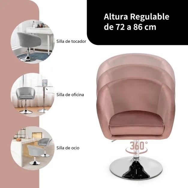 Cadeira de bar giratória de veludo com encosto regulável em altura Banco de lazer com esponja elástica 61 x 52 x 72-86 cm Rosa