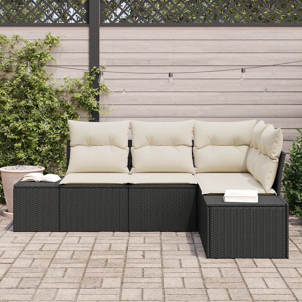 Conjunto de Sofá de Jardim de 4 Peças com Almofadas Preto Vime Poliést
