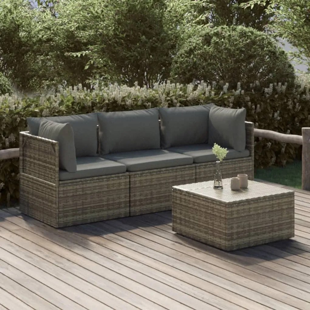 vidaXL 4 pcs conjunto lounge de jardim c/ almofadões vime PE cinzento