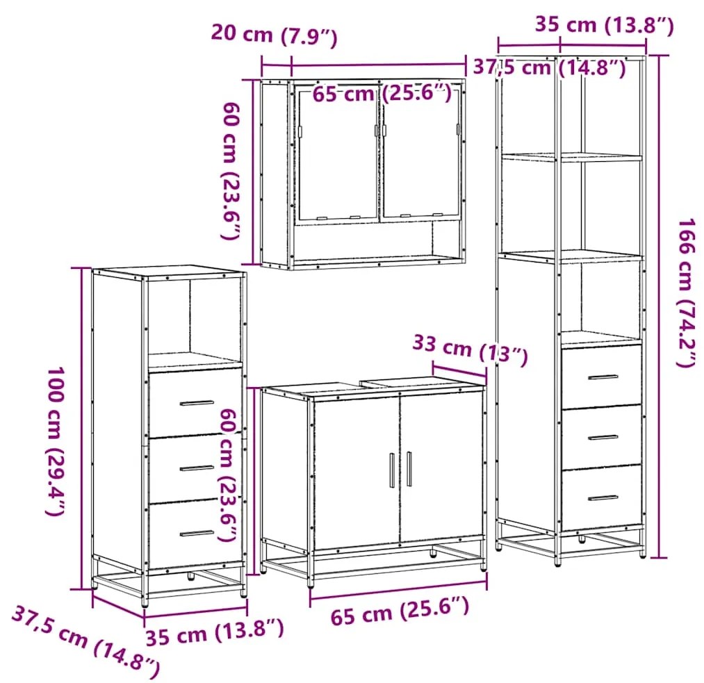 4 pcs Conjunto móveis casa de banho madeira proc. cinza sonoma