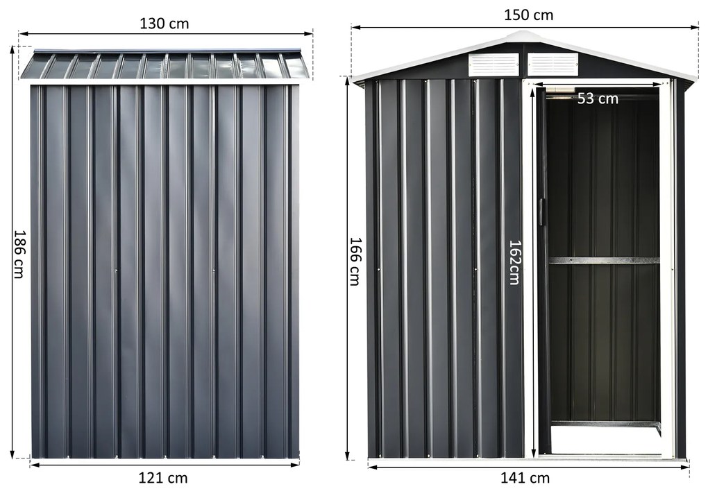 Outsunny Abrigo de Jardim 150x130x186 cm Abrigo de Exterior de Aço Galvanizado com Porta Corredeira e Ventilações para Armazenamento de Ferramentas Cinza