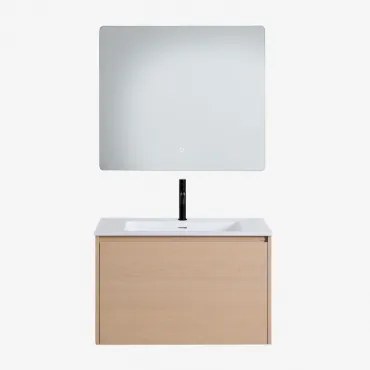 Conjunto De Móvel De Casa De Banho Suspenso Em Madeira Com Lavatório Integrado Jacob Madeira Natural & Led Retangular E Anti-embaciamento - Sklum