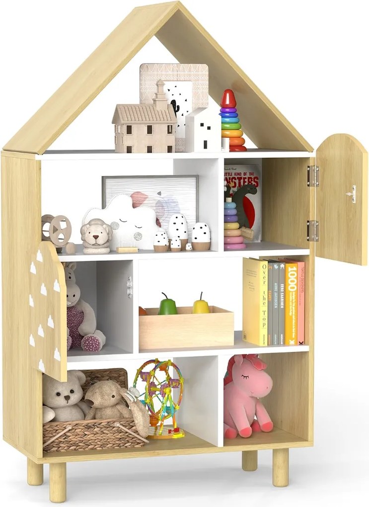 Estante infantil em forma de casa com compartimentos abertos 60 x 30 x 101 cm e pés em madeira de pinho Natural