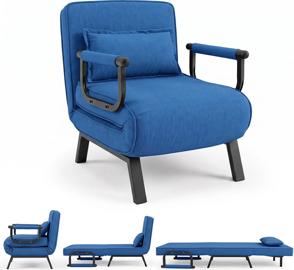 Sofá-Cama Individual Convertível, 186 x 64 cm, Encosto Ajustável em 6 Níveis, Azul