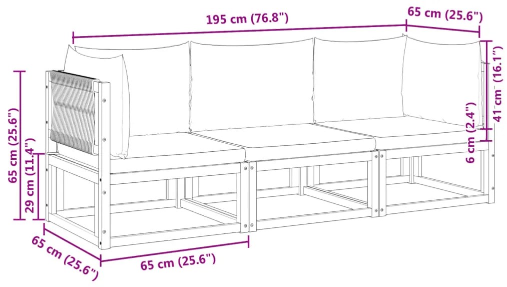 3 pcs conjunto de sofás de jardim com almofadões acácia maciça