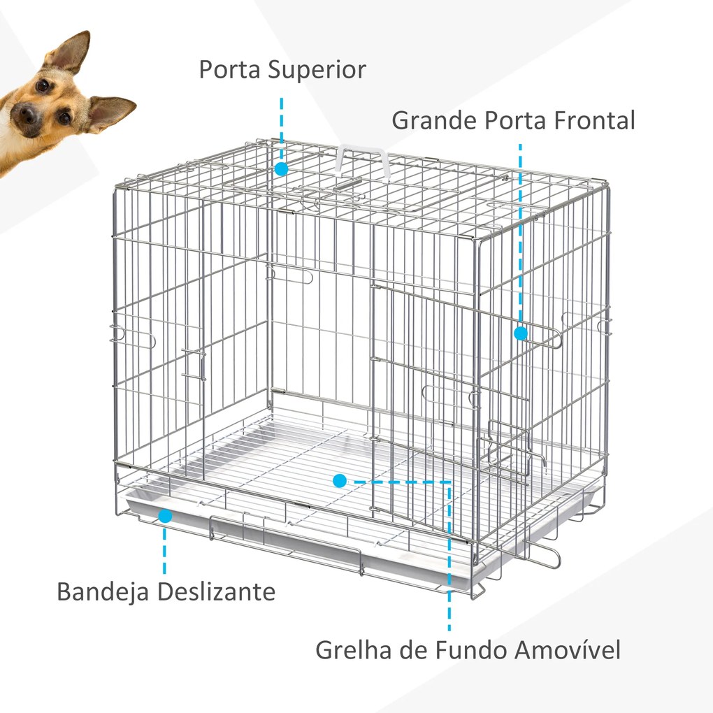 Gaiola Dobrável para Cães Gaiola Metálica 61x43x50cm Gaiola de Metal para Cães com Bandeja Amovível com Travão Prata e Branco