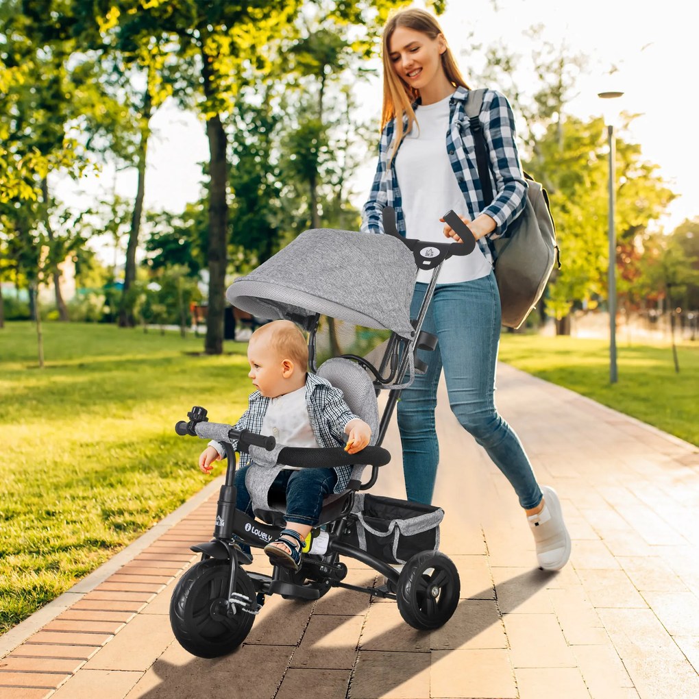 Triciclo infantil ajustável com pára-sol, dobrável, com barra telescópica removível, 95 x 50 x 106 cm, em aço cinzento e preto