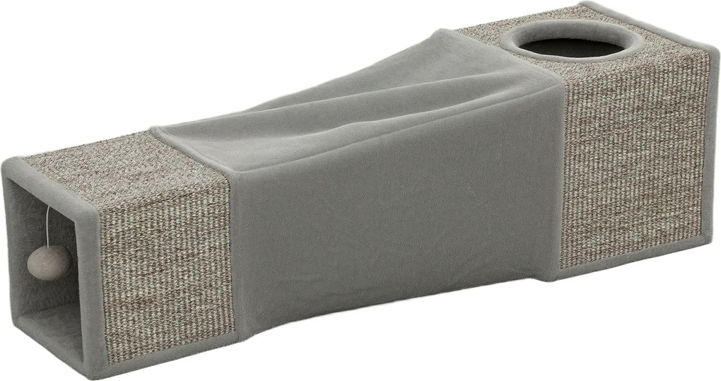 Túnel para gatos de interior, brinquedos para gatos com bola suspensa, várias entradas, em sisal, 98 x 30 x 30 cm, cinzento