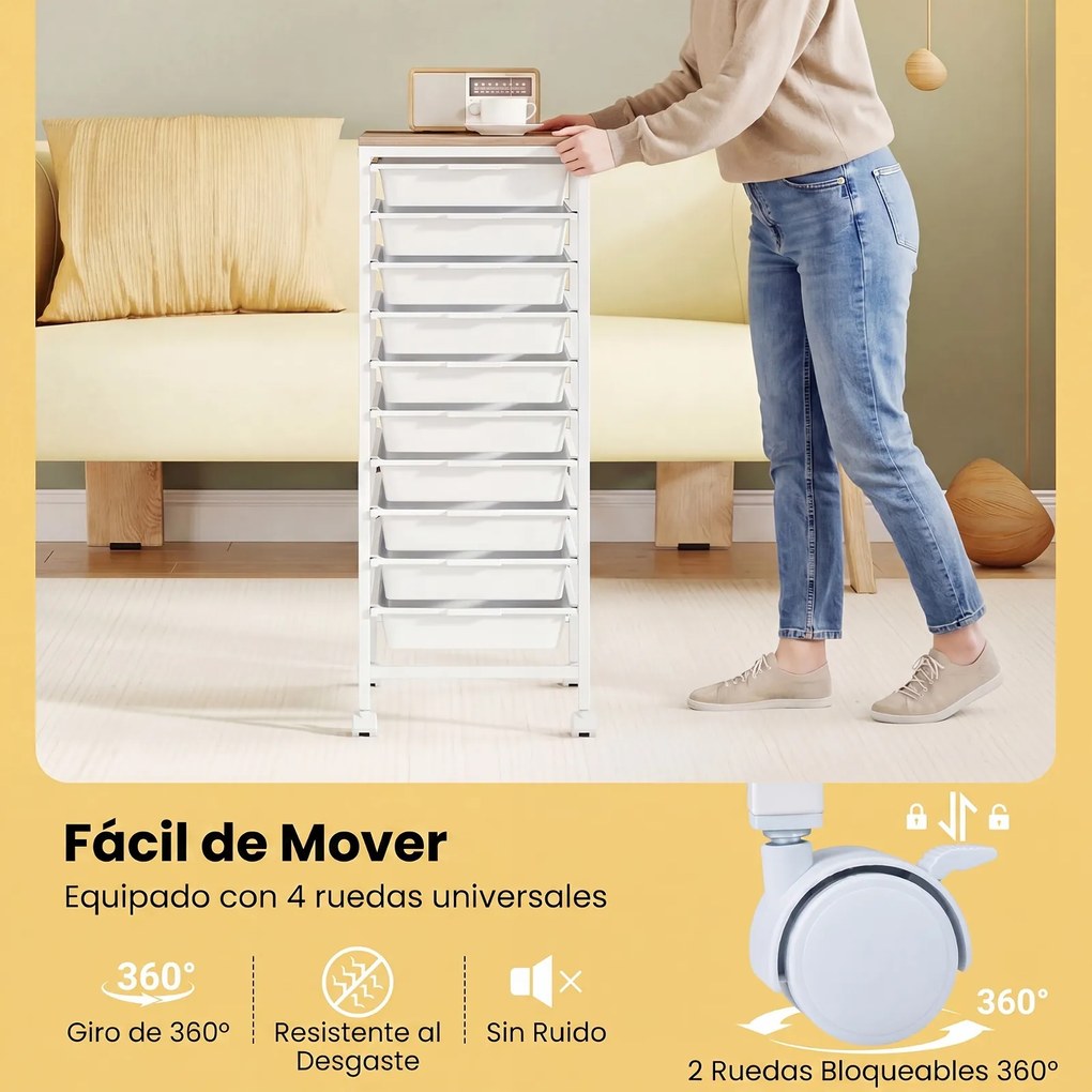 Carrinho de Arrumação com 10 Gavetas, 37 x 32,5 x 85 cm, Tampo de Madeira, Branco