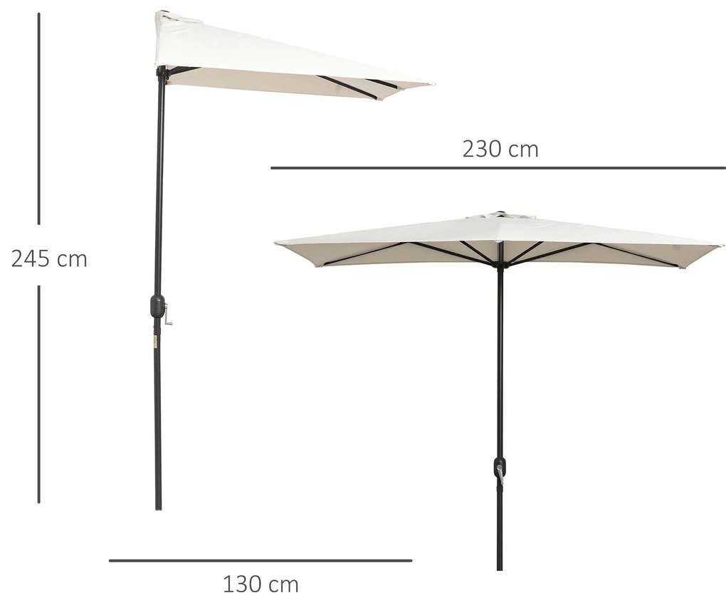 Meio chapéu de sol 230x130x245 cm chapéu de sol para Parede Jardim com Manivela e Vara Metálica Ø38 mm Terraço Varanda Creme