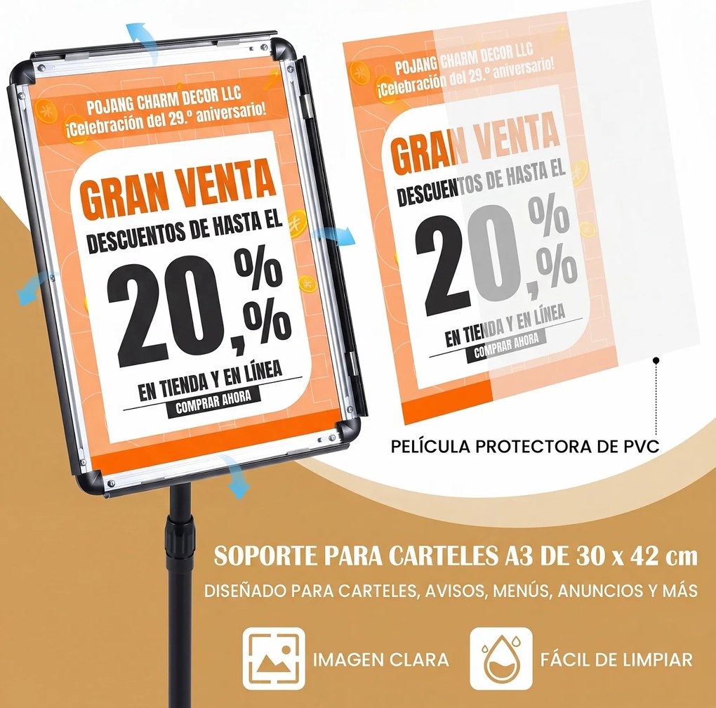 Suporte de Chão (1 Unidade) para Cartazes A3, 30 x 42 x 87-137 cm, Altura Ajustável, Preto