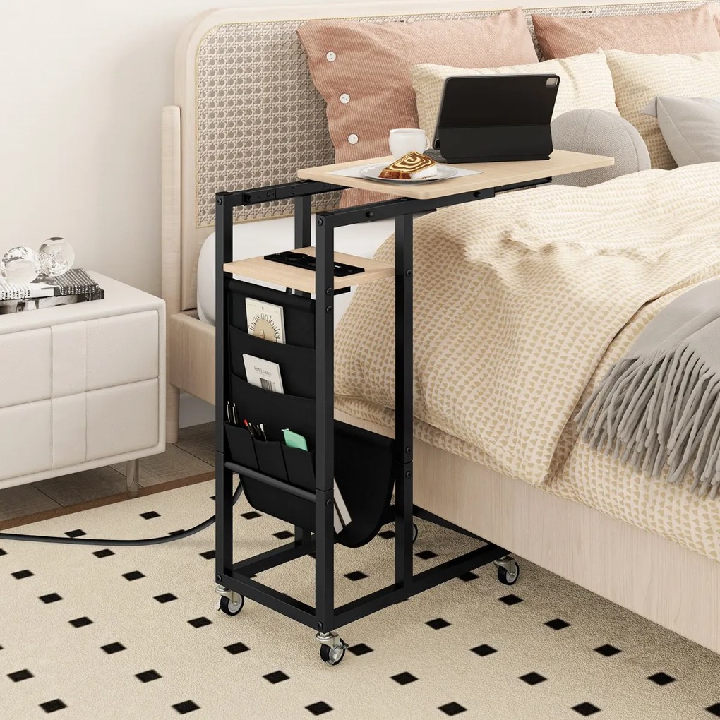 Mesa de apoio em forma de C com tampo retrátil e estação de carregamento com rodas para sofá e para quarto Cinzento