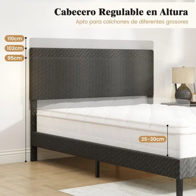 Estrutura de cama 140 x 200 cm com plataforma estofada (COLCHÃO NÃO INCLUIDO), cabeceira Chevron ajustável em altura e base de ripas de madeira incluí