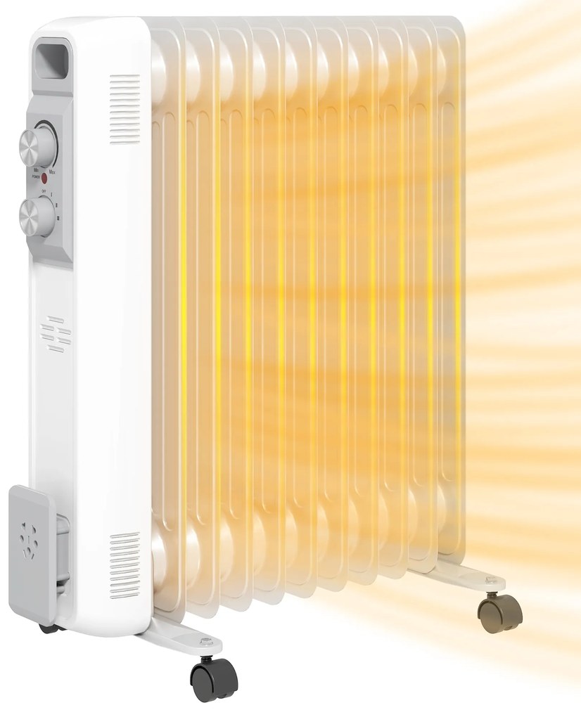 Aquecedor a Óleo Silencioso 2500W com Temperatura Ajustável 3 Ajustes de Aquecimento para 25 m² 29x49x62 cm Branco