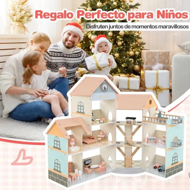 Casa de bonecas de madeira com telhado 82,5 x 107 x 94,5 cm, 41 móveis e acessórios Casa dos sonhos DIY com 3 andares e 6 quartos Laranja