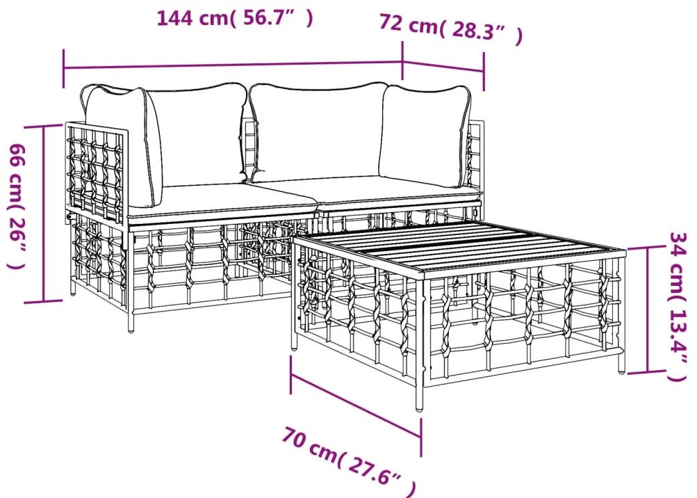 3 pcs conjunto lounge de jardim c/ almofadões vime PE antracite