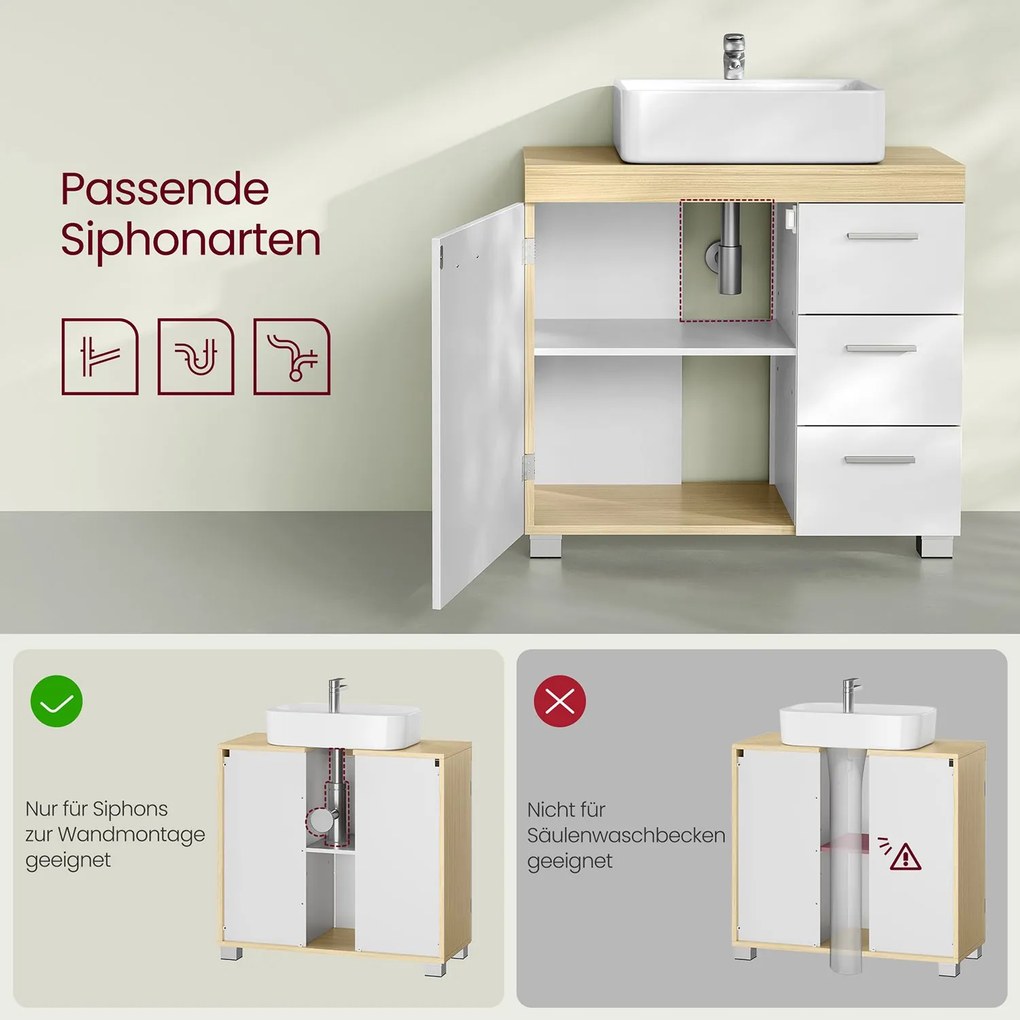 Armário casa banho para lavatório (não incluído) com 3 gavetas grandes 30 x 70 x 64 cm Branco - bege natural