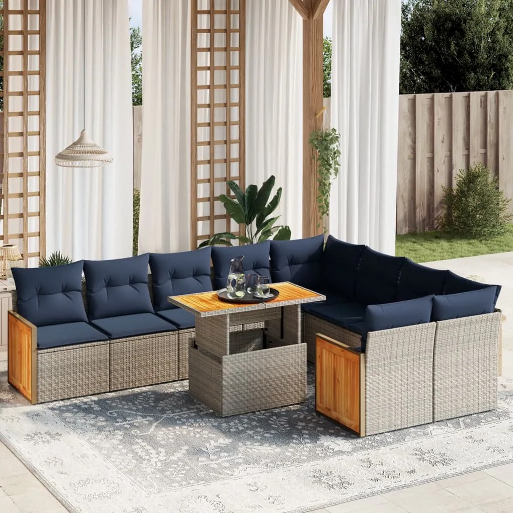 vidaXL 10 pcs conjunto sofás p/ jardim c/ almofadões vime PE cinzento