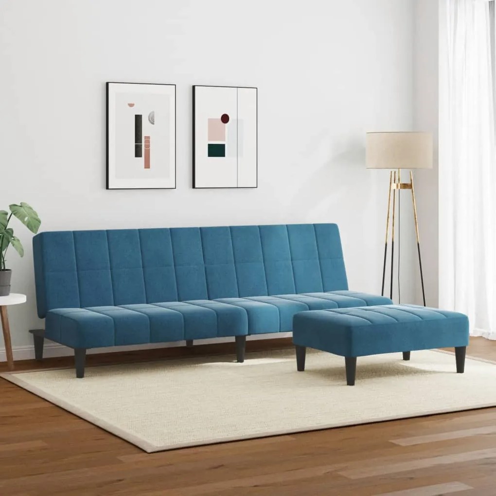 Sofá-cama 2 lugares c/ apoio de pés veludo azul