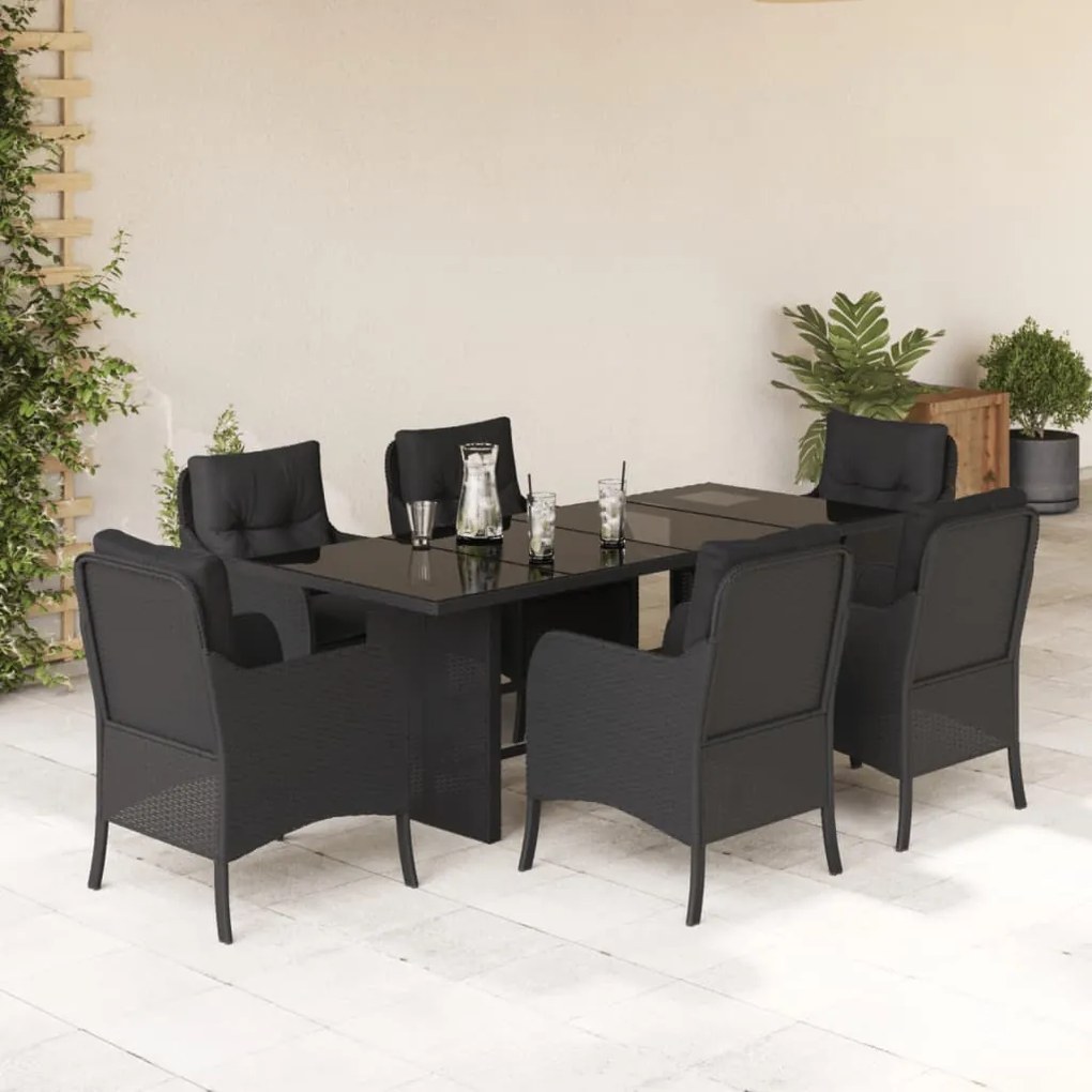 7 pcs conjunto de jantar p/ jardim c/ almofadões vime PE preto