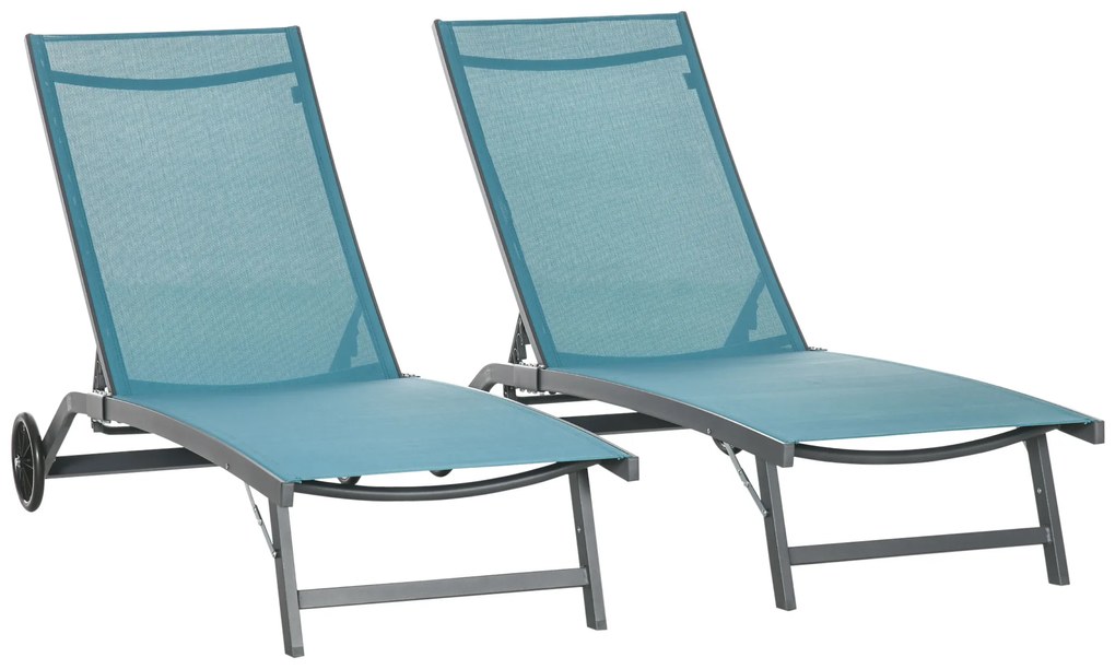 Outsunny Conjunto de 2 Espreguiçadeiras para Exterior com Encosto Ajustável em 5 Níveis e Rodas para Praia Piscina 165x66x102 cm Azul