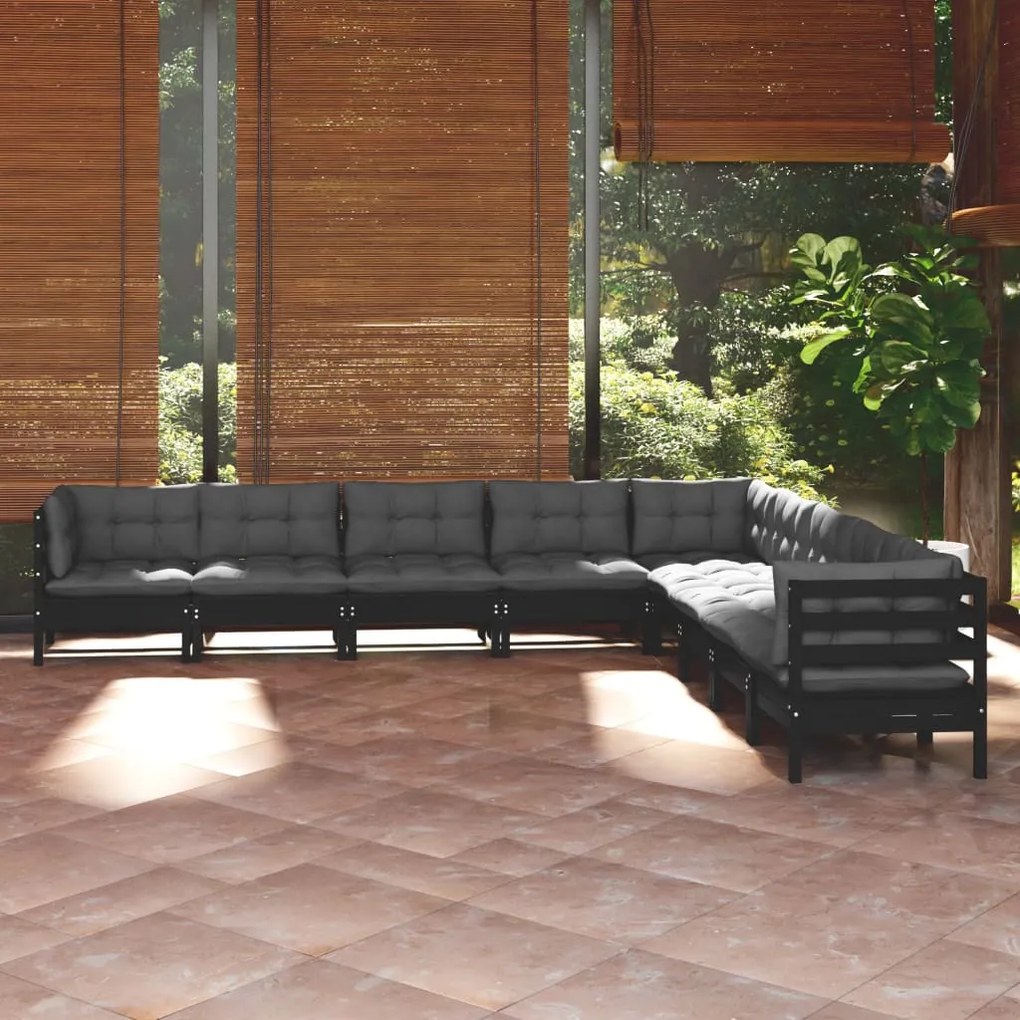 vidaXL 9 pcs conjunto lounge jardim c/ almofadões pinho maciço preto