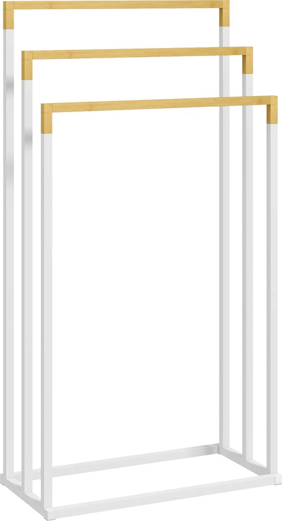 kleankin Toalheiro de Pé 45x22,5x86 cm de 3 Níveis em Forma de Escada com 3 Barras de Bambu e Estrutura de Aço Branco e Madeira | Aosom Portugal
