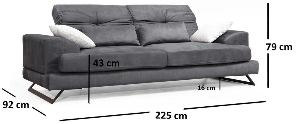 Sofá de 3 Lugares Frido – Antracite – 225x92x79 cm