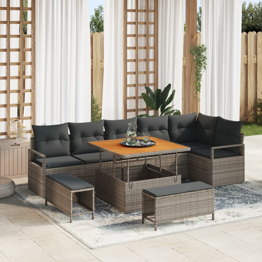 Conjunto de Sofá de Jardim vidaXL 9 Peças com Almofadas Cinza Rattan Acácia