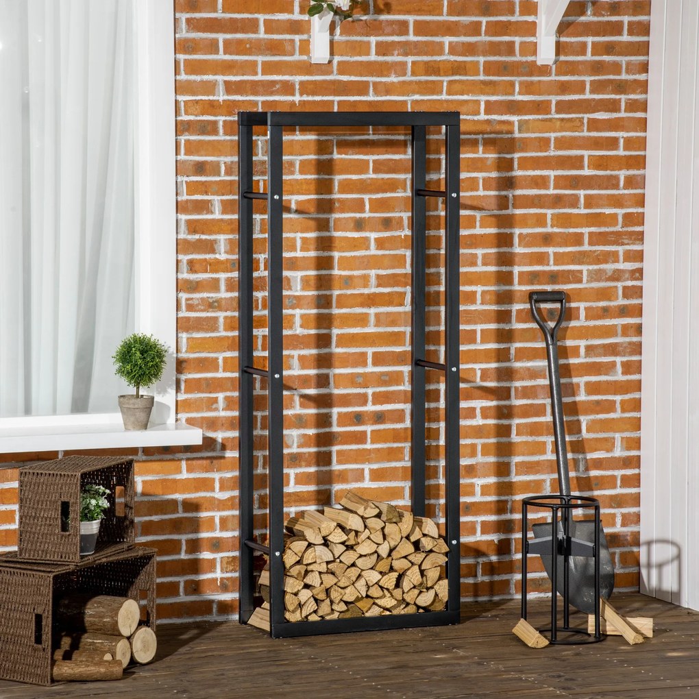 Suporte para Lenha de Metal Porta Lenha Metálico para Interior e Exterior Carga Máxima 100 kg 60x25x150 cm Preto