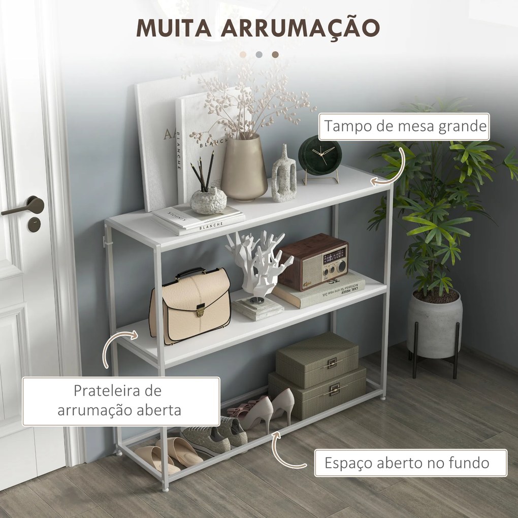 Mesa Consola de Entrada Mesa de Entrada com Estante Aberto e Estrutura de Aço Anti-tombo para Sala 100x30x87 cm Branco