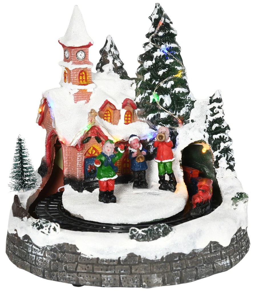 HOMCOM Aldeia de Natal Cena de Decoração Natalícia Iluminada com Luzes LED Trem Giratório e Música Decoração de Natal 20x19,5x20cm Multicor