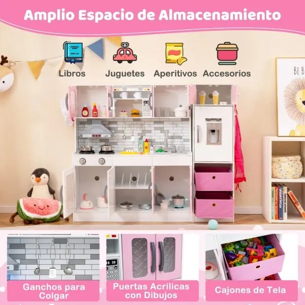 Cozinha brincar de madeira 118 x 29 x 100 cm com luzes e sons Cozinha modular de brincar e frigorífico com funções interativas rosa
