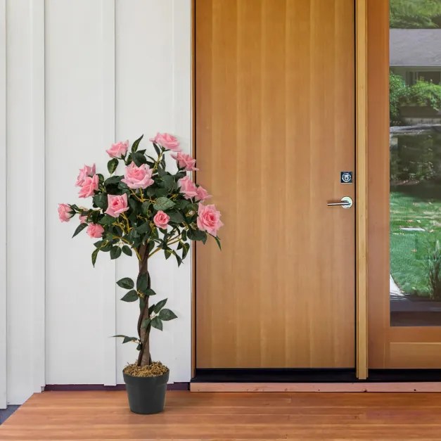 Árvore de flor artificial de 93 cm, planta floral falsa com rosas, tronco de madeira, interior e exterior, escritório e decoração de entrada, rosa