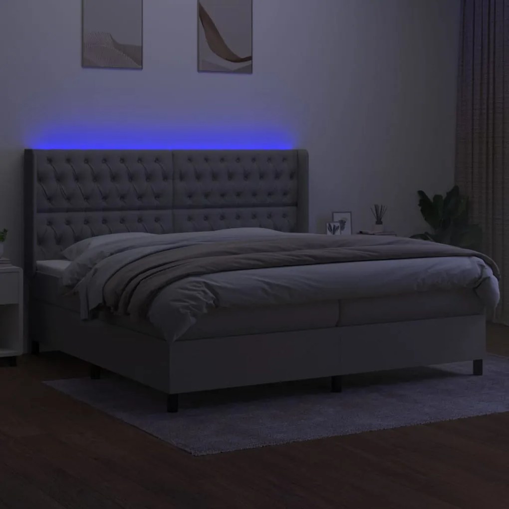 Cama box spring c/ colchão e LED 200x200 cm tecido cinza-claro