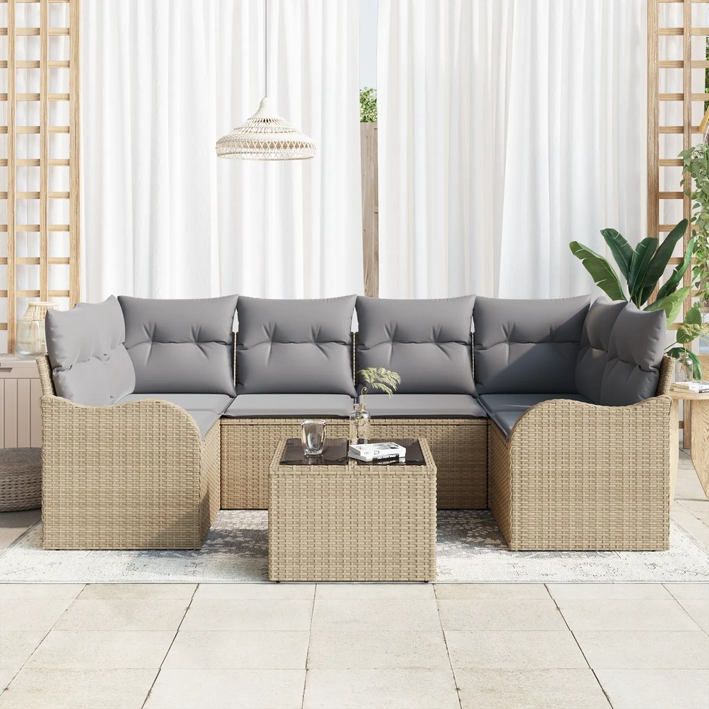 Conjunto de Sofá de Jardim vidaXL de 7 Peças com Almofadas Beje Polira