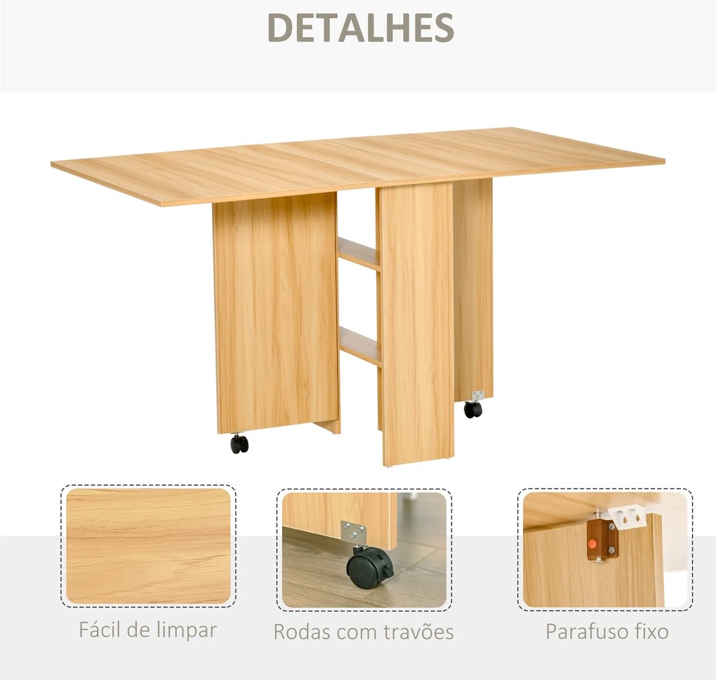 Mesa de Sala de Jantar Dobrável com Rodas Mesa Multifuncional para Sala de Jantar com 3 Formas 140x80x74cm Madeira