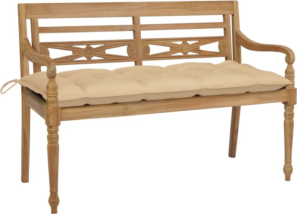 vidaXL Banco Batávia c/ almofadão bege 120 cm teca maciça
