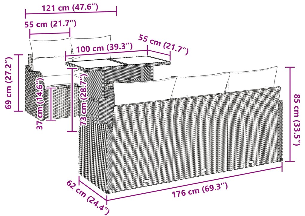 Conjunto de Sofá de Jardim vidaXL 6 Peças com Almofadas Rattan Preto